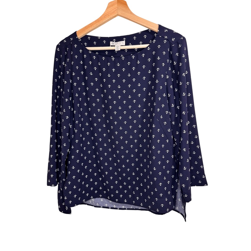 Lila Rose Womens Top Large Navy Blue Anchor Blouse Coastal Sailor Nautical Work